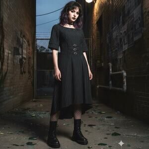 VTG Lip Service Y2K Industrial Pinstripe Buckle Midi Dress Goth Cyber Punk XL